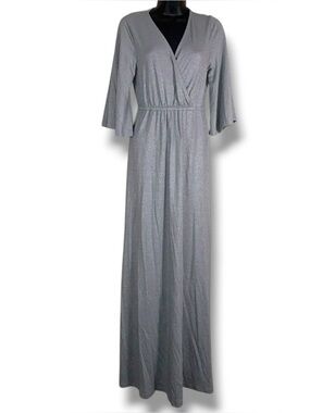 XS Mika Rose Silver Shimmer Maxi Dress Kimono Sleeve Glam Prom Event Evening